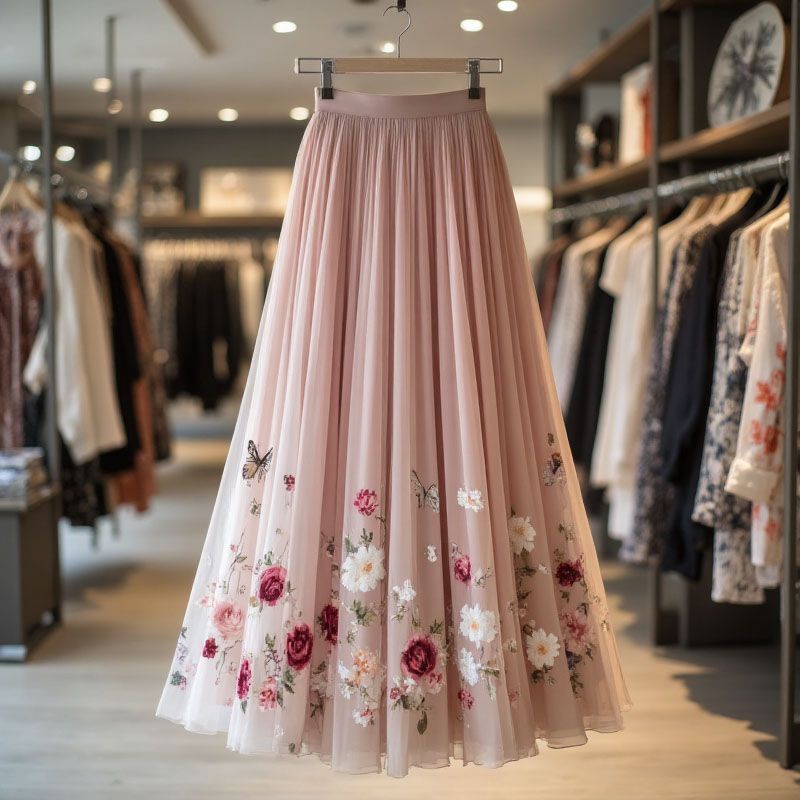 Rose-print straight long skirt