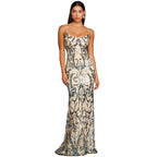 Women’s green sequin maxi dress with spaghetti straps, square neckline, ornate scroll print