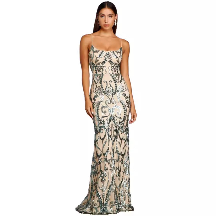 Women’s green sequin maxi dress with spaghetti straps, square neckline, ornate scroll print