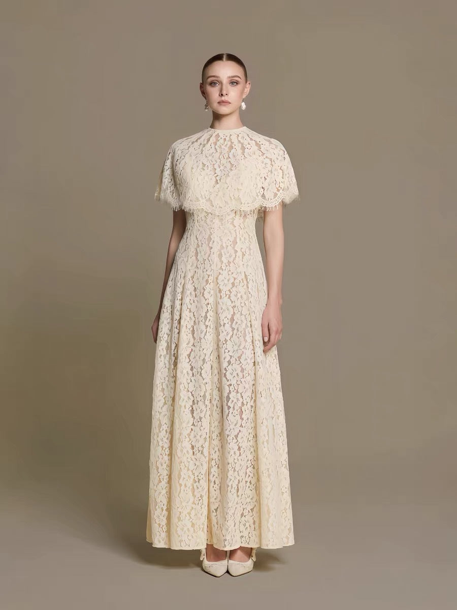 Cream floral lace cape-sleeve maxi dress