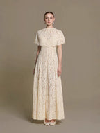 Cream floral lace cape-sleeve maxi dress