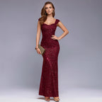 Wine red sequin sling dress with sweetheart neckline and fitted mermaid silhouette