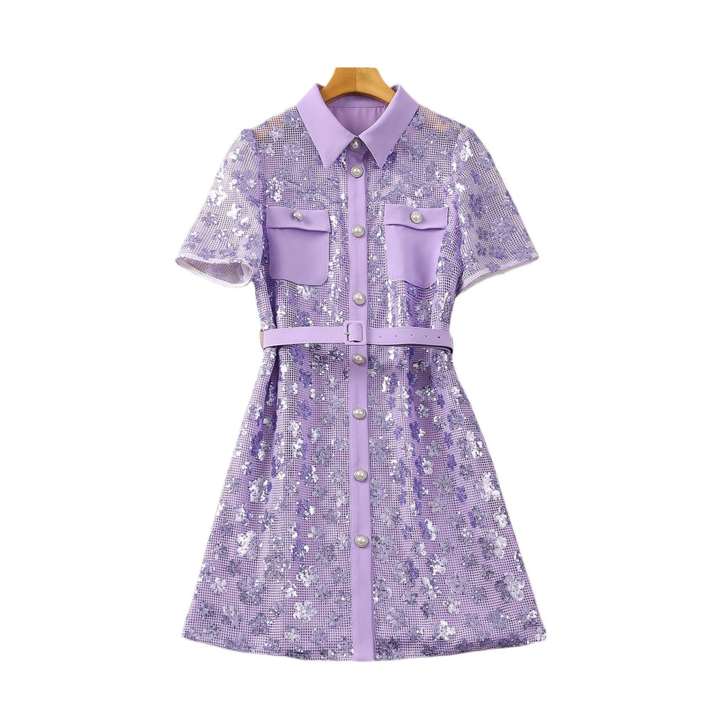Light purple sequined A-line short sleeve dress with chest pockets and button placket