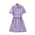Light purple sequined A-line short sleeve dress with chest pockets and button placket