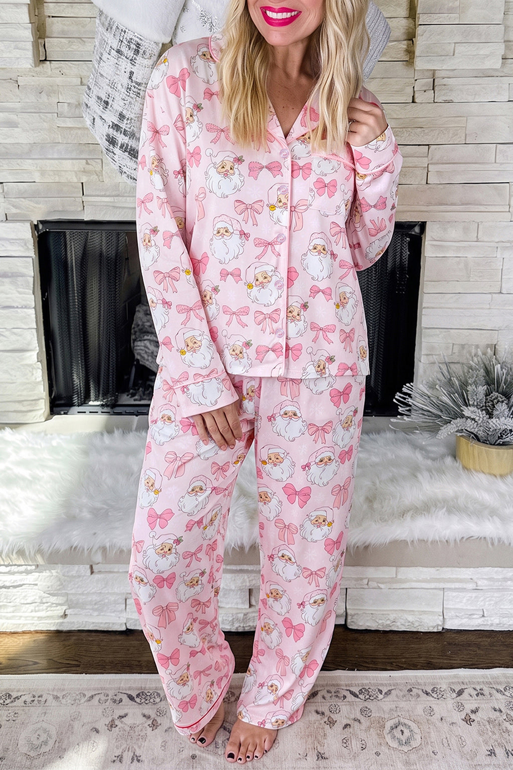 Pink Abstract Santa Print Pajama Set