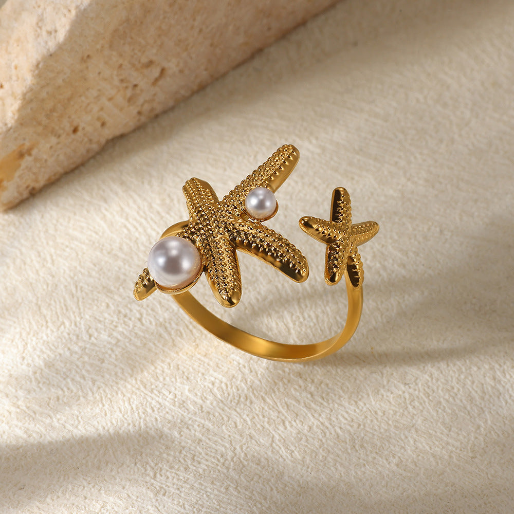 18K gold-color pearl heart stainless steel open ring