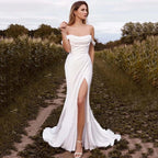 Women's White Strapless Draped Slit Wedding Dress