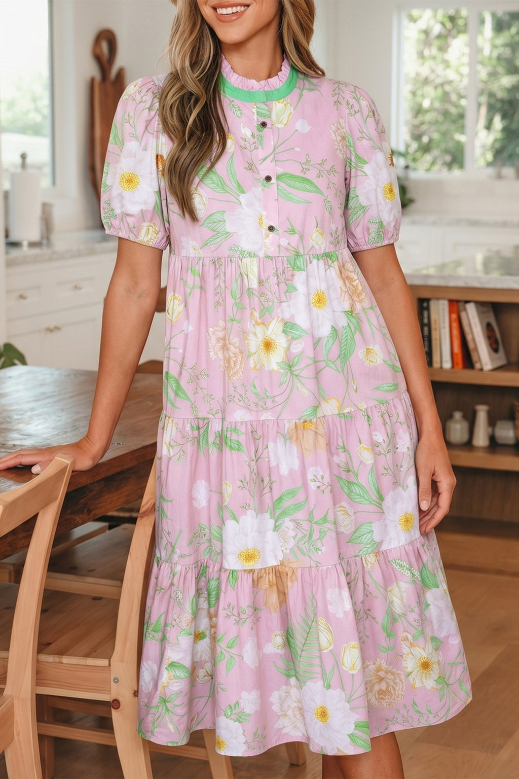 Pink Floral Puff-Sleeve Tiered Maxi Dress