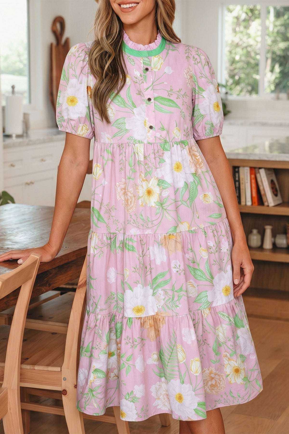 Pink Floral Puff-Sleeve Tiered Maxi Dress