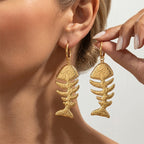 18K gold-color hammered fishbone drop hoop earrings