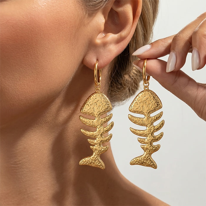 18K gold-color hammered fishbone drop hoop earrings