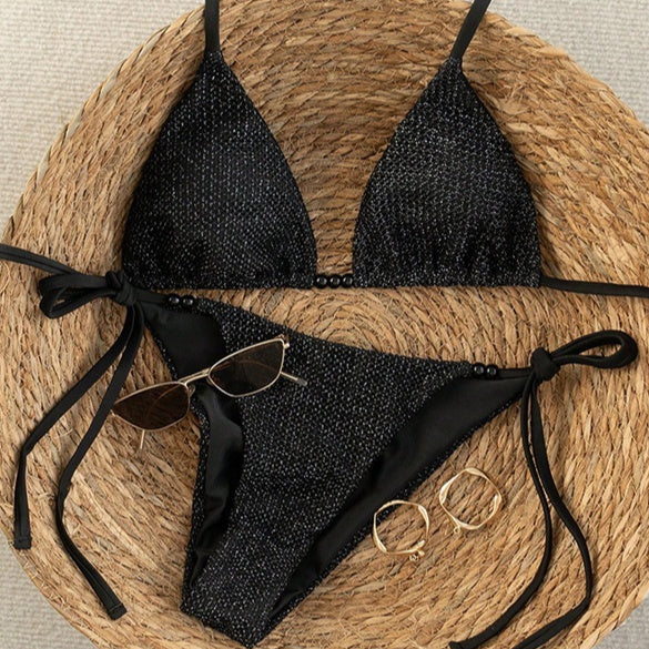 Women's black textured triangle bikini set