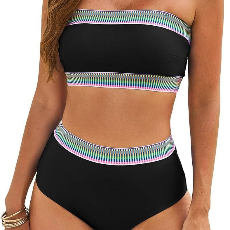 Women's Black Woven Trim Bandeau Bikini Set