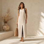 Beige sleeveless A-line resort maxi dress with relaxed crew-neck silhouette