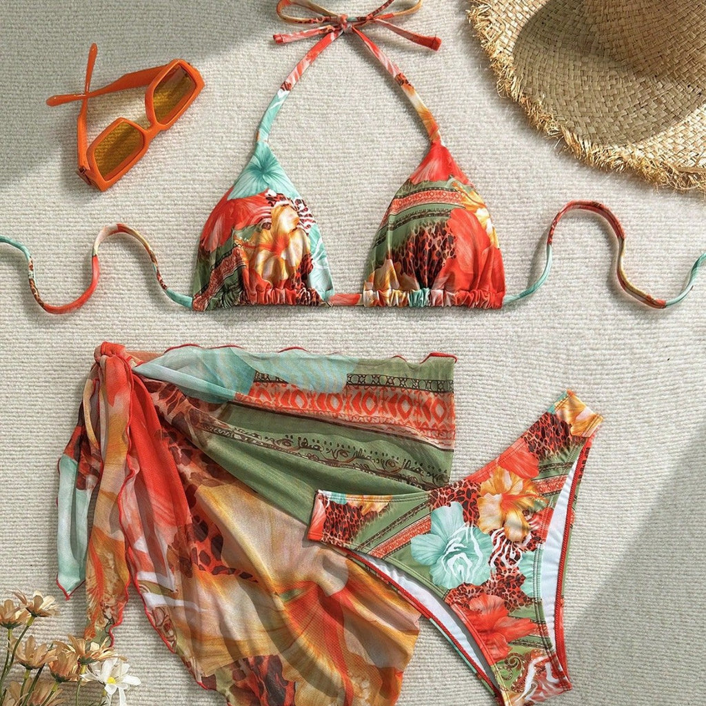 Women's green tropical bikini set with sarong