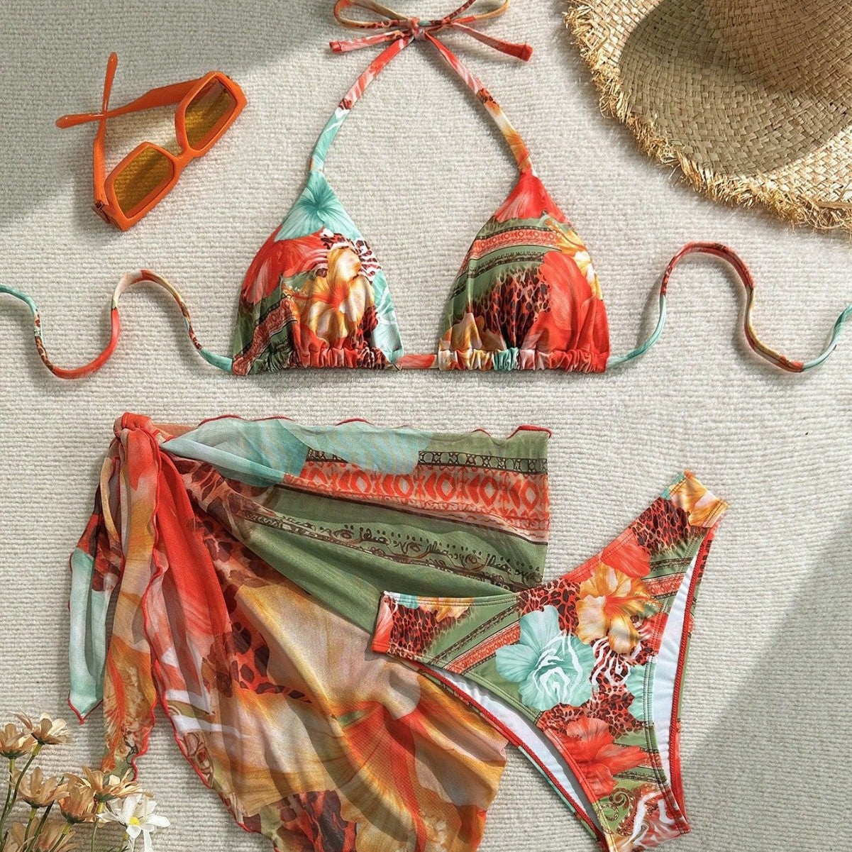 Women's green tropical bikini set with sarong