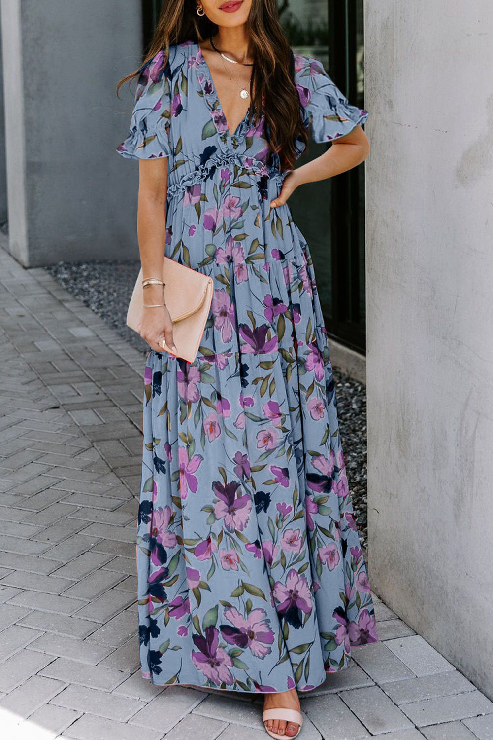 Black Fiery Floral V-Neck Maxi Dress