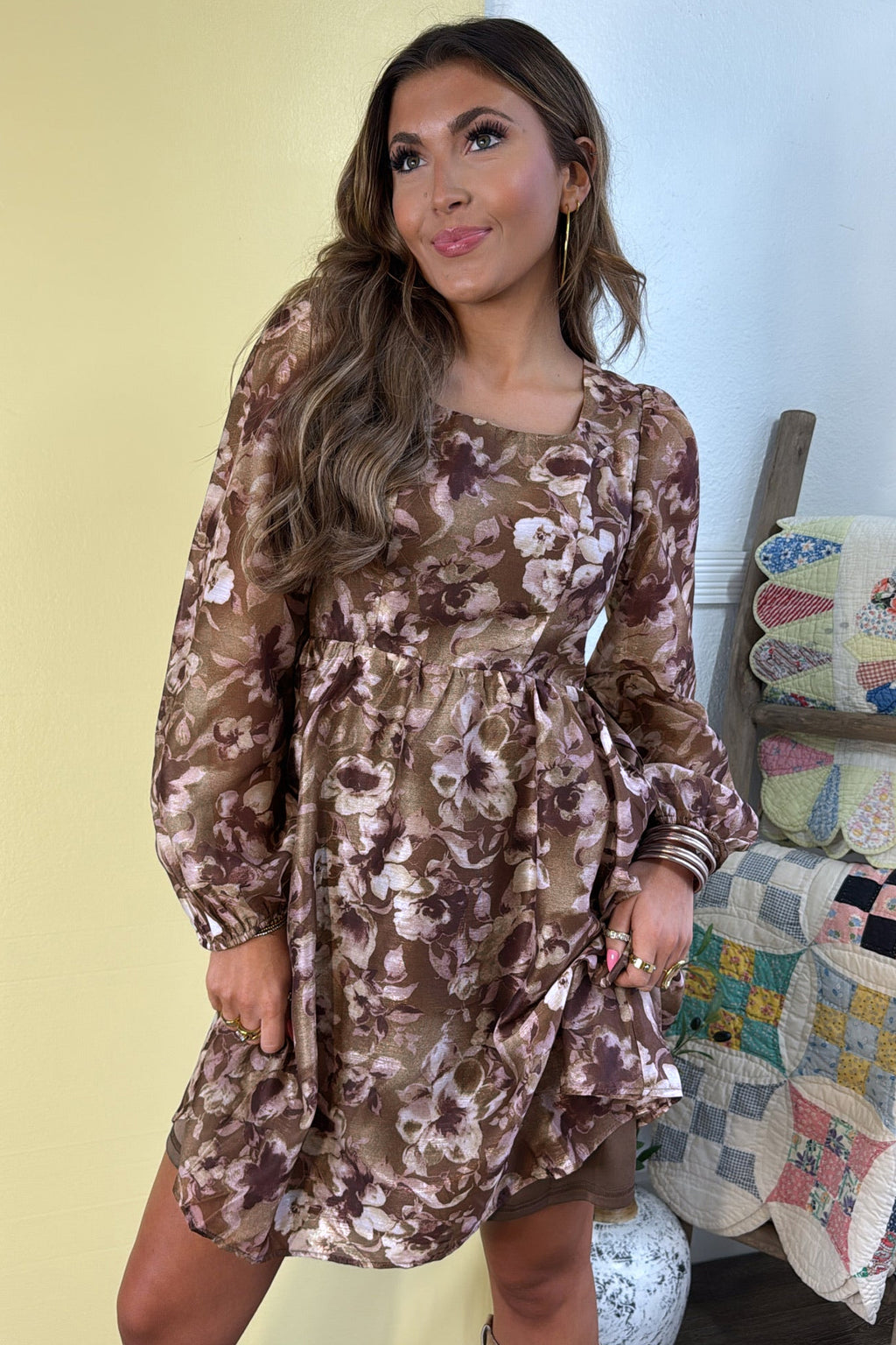 Women's Brown Abstract Floral Square-Neck Mini Dress