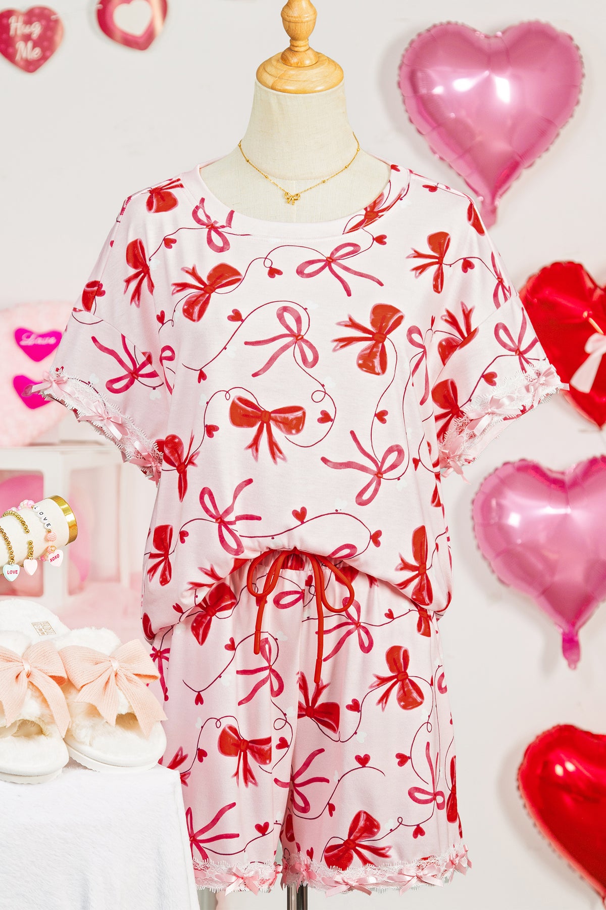 Red Romantic Bow Print Lounge Set