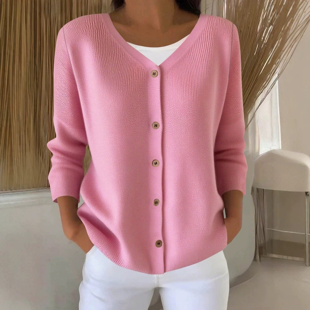 Women's pink V-neck button sweater