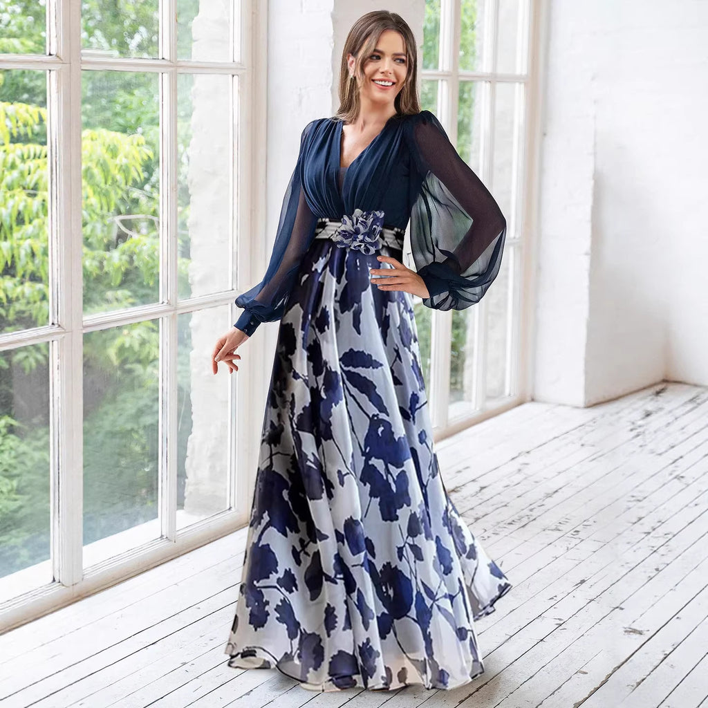 Navy floral puff-sleeve midi dress