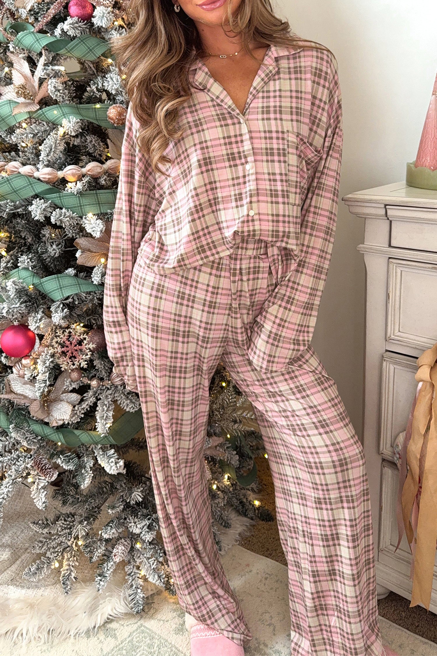 Pink Plaid Long-Sleeve Pajama Set