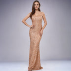 Champagne sequin sling dress with sweetheart neckline and fitted mermaid silhouette