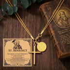 18K gold-color St. Benedict medal and cross necklace