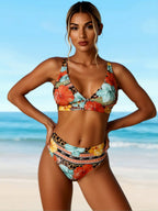 Multicolor floral bikini top with V-neck and matching high-rise bottoms