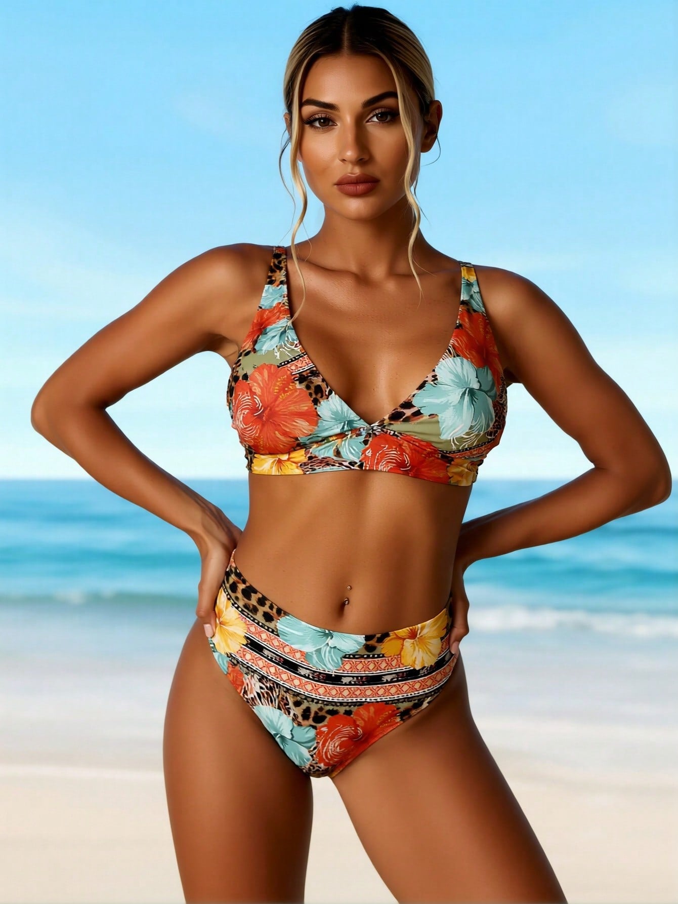Multicolor floral bikini top with V-neck and matching high-rise bottoms