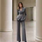 Women's gray pinstripe blazer and flare pants set