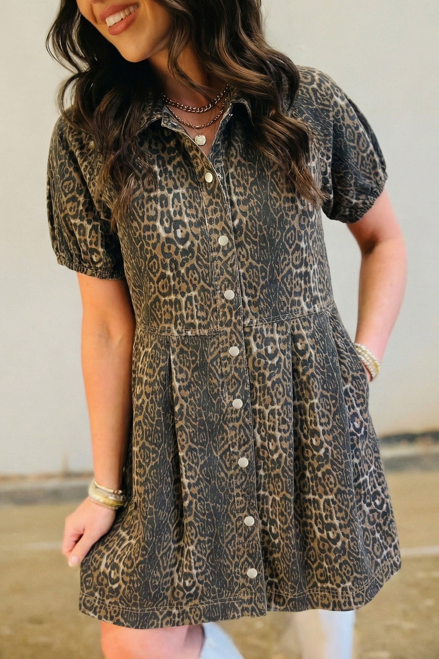 Gray Leopard-Print Pleated Denim Mini Dress