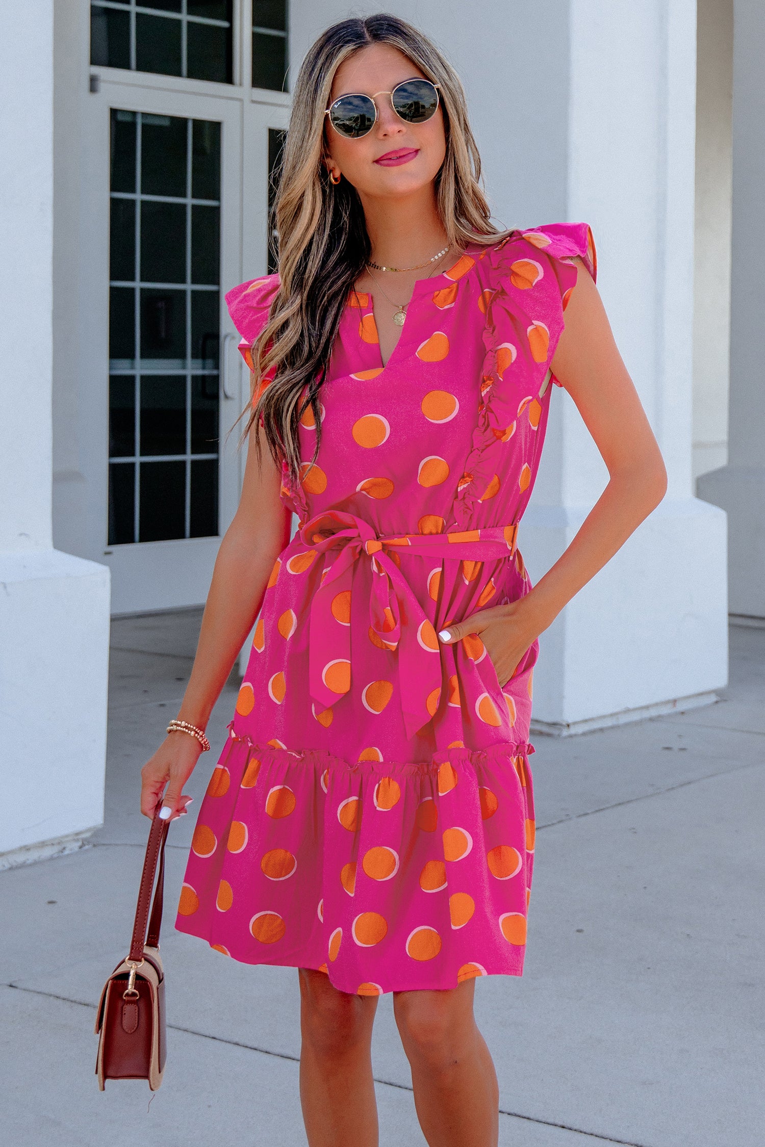 Rose Double Polka-Dot V-Neck Dress