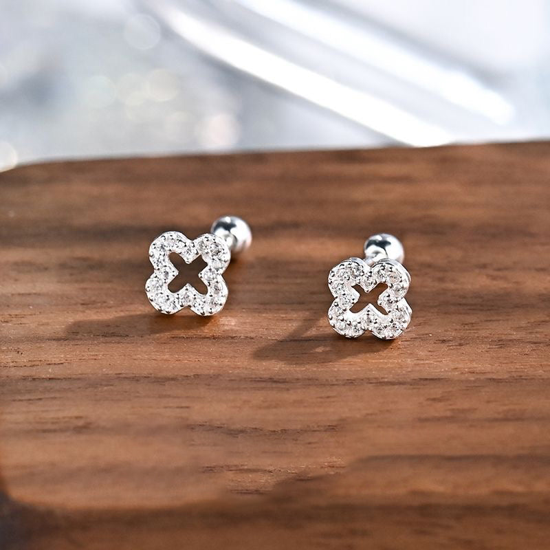 S999 silver pave clover stud earrings