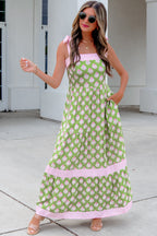 Green Floral Striped Knot-Strap Maxi Dress