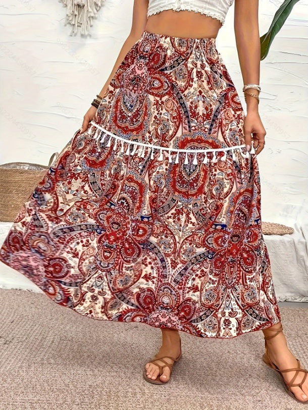 Retro print pleated elastic-waist maxi skirt