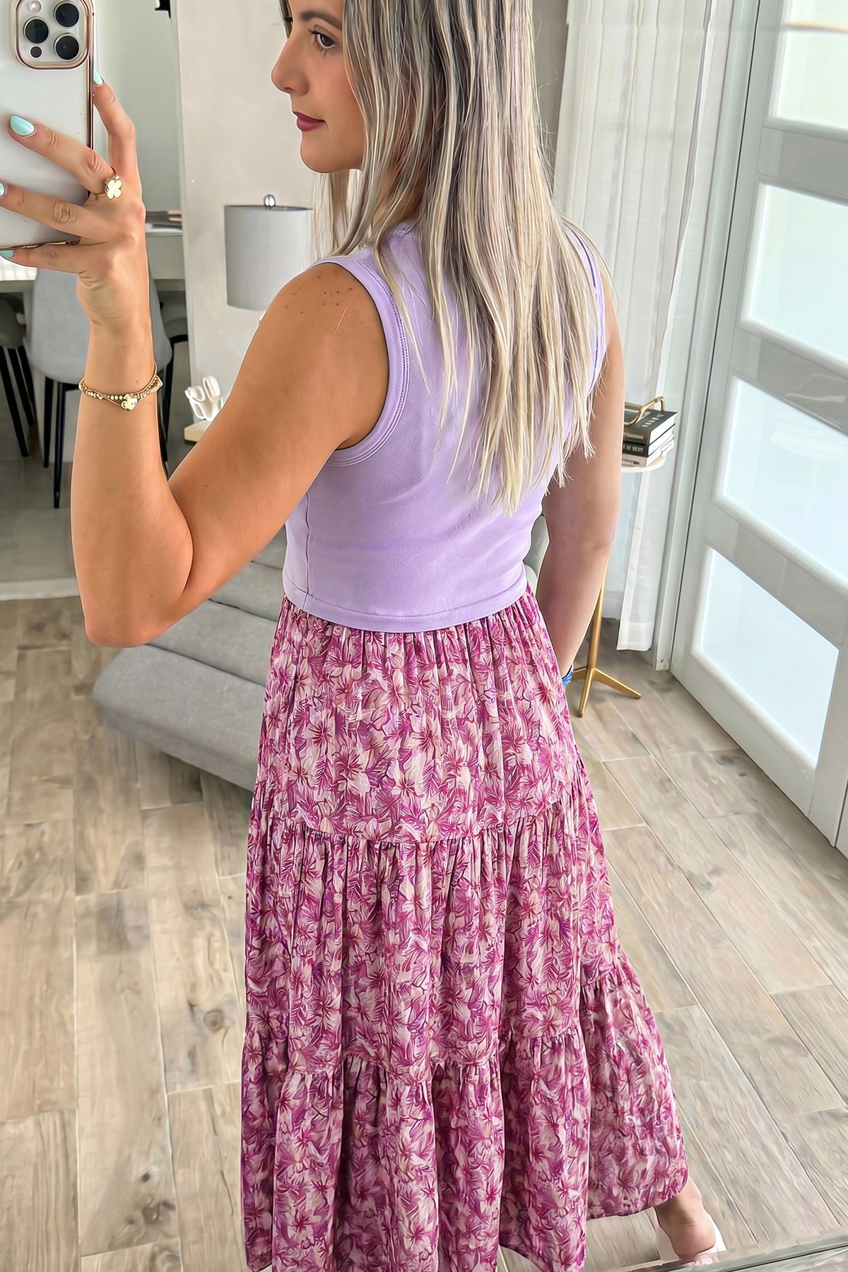 Purple Floral Contrast-Patchwork Maxi Dress