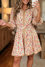Orange Floral Color-Block Belted Mini Dress