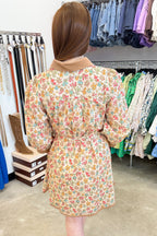 Orange Floral Color-Block Belted Mini Dress