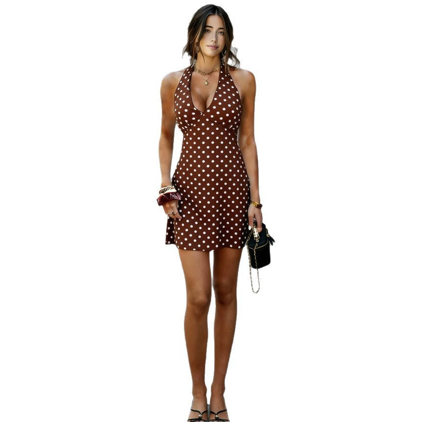 Brown halter V-neck mini dress with tan polka dots
