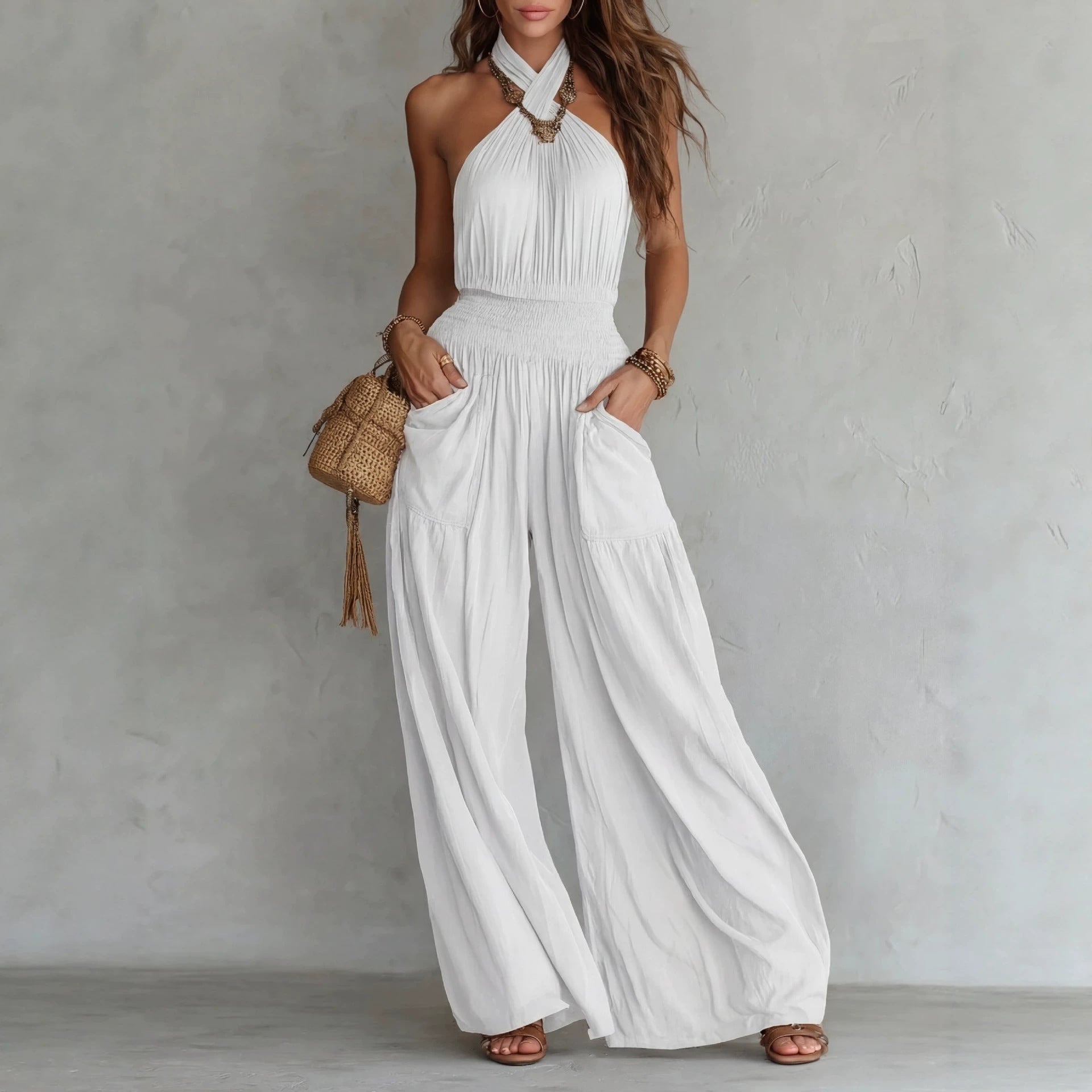 Women's white halter wide-leg jumpsuit