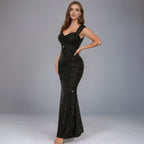 Black sequin sling dress with sweetheart neckline and fitted mermaid silhouette