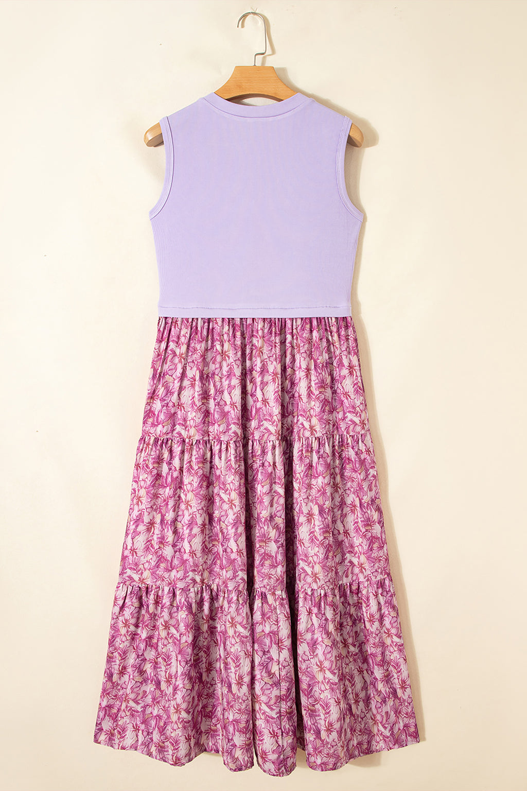 Purple Floral Contrast-Patchwork Maxi Dress
