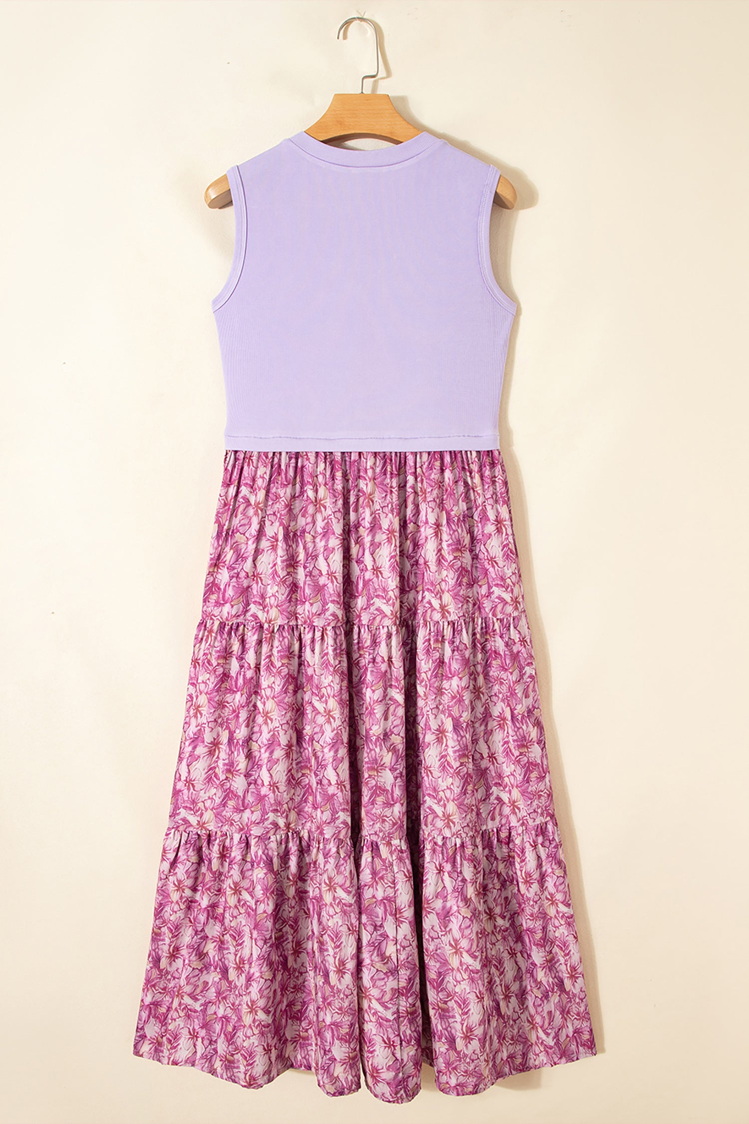 Purple Floral Contrast-Patchwork Maxi Dress