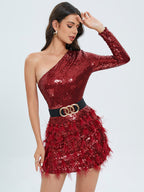 Red one-shoulder sequin mini dress, long sleeve, gold buckle belt, feather tulle skirt detail