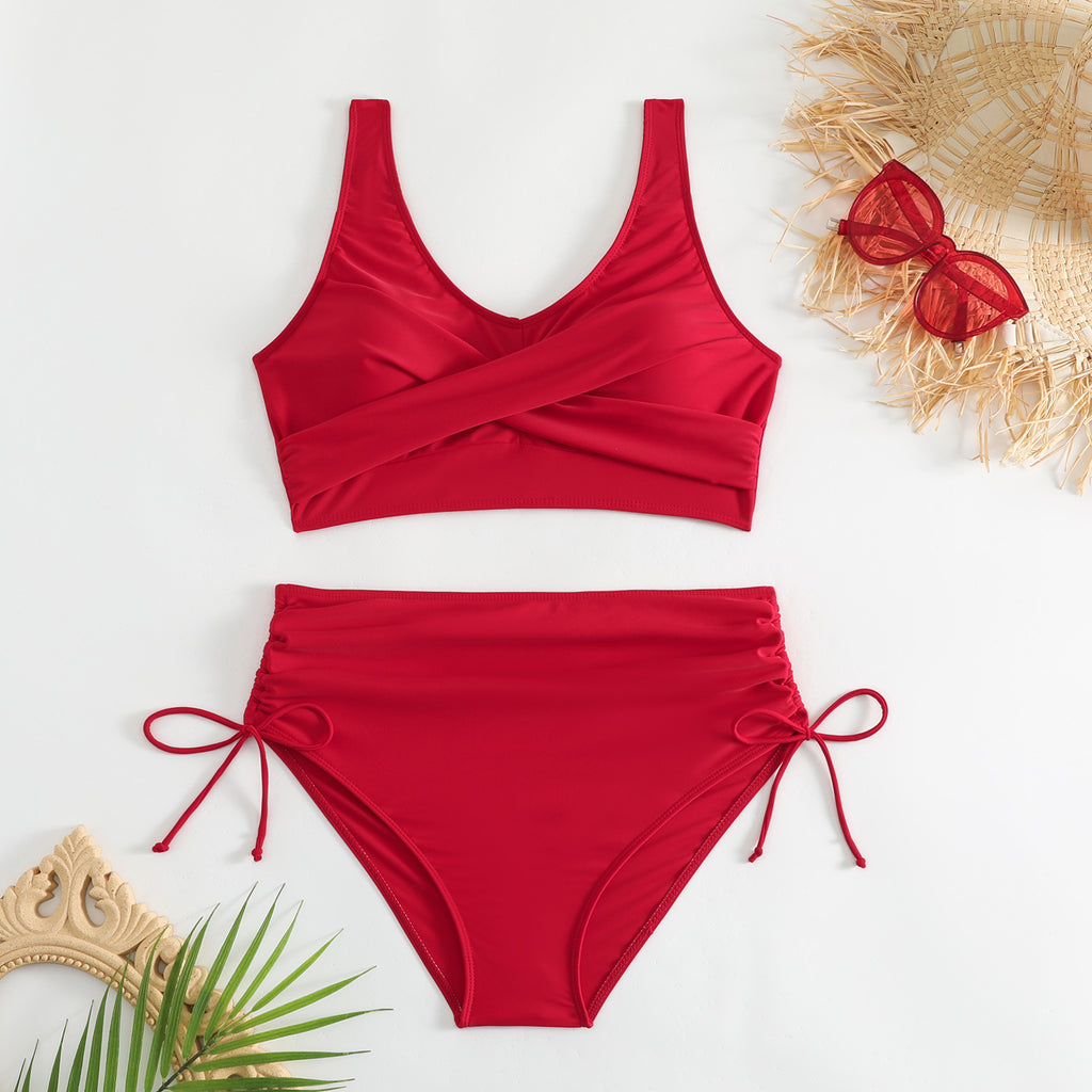 Women's Red Wrap-Front High-Waist Bikini Set