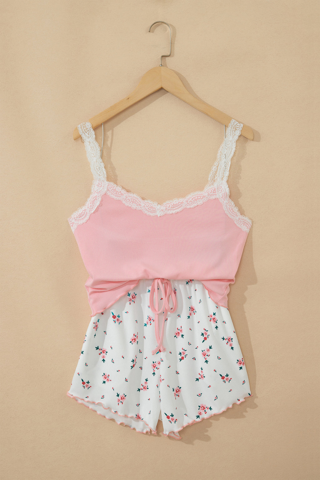 Pink Ribbed Knit Floral Pajama Set