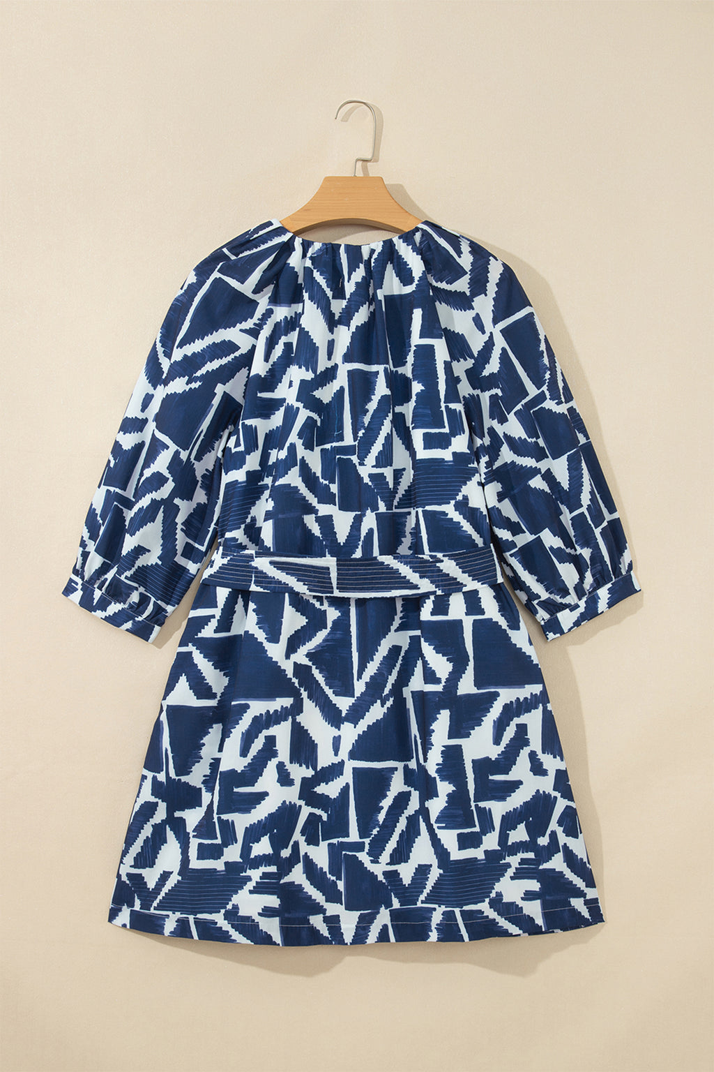 Blue Abstract Geometric Tie-Waist Dress