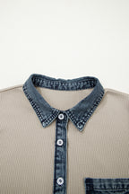Beige Ribbed Knit Denim-Patchwork Polo Dress