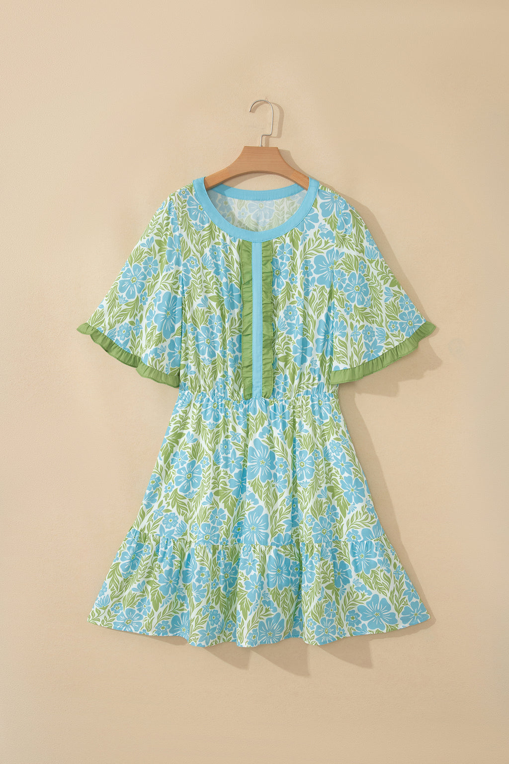 Sky Blue Floral Ruffle High-Waist Mini Dress